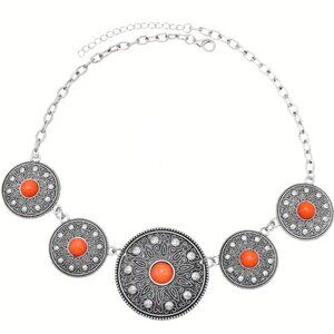 Vintage Bohemian Southwest Style Orange & Silver Disc - Silver Pendant Necklace